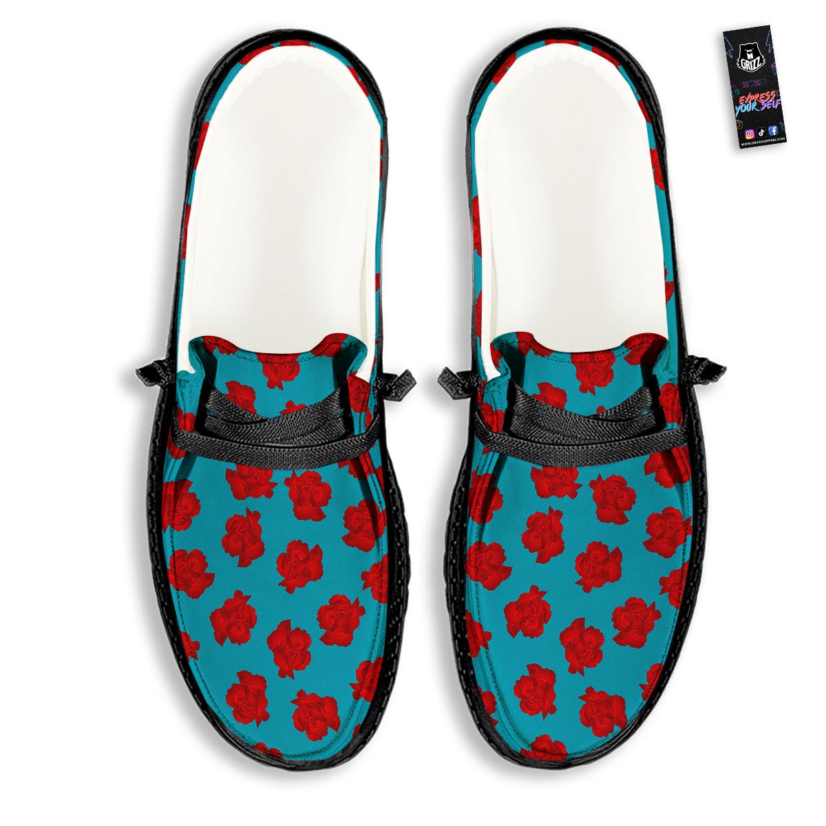 Carnation Blue And Red Print Pattern Black Loafers-grizzshop