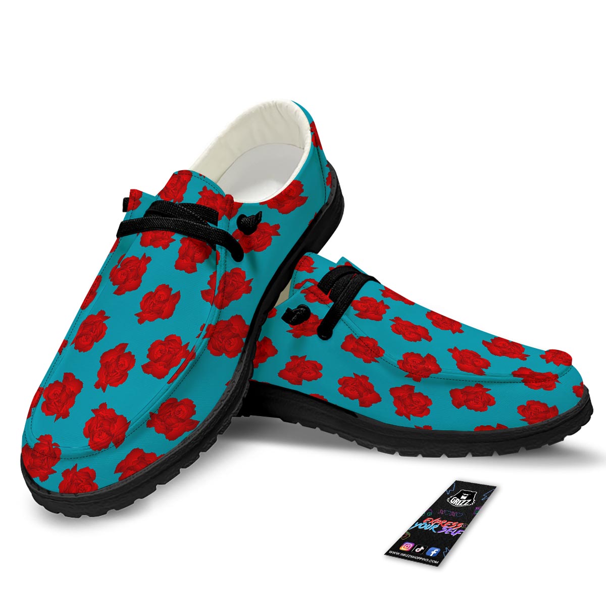 Carnation Blue And Red Print Pattern Black Loafers-grizzshop