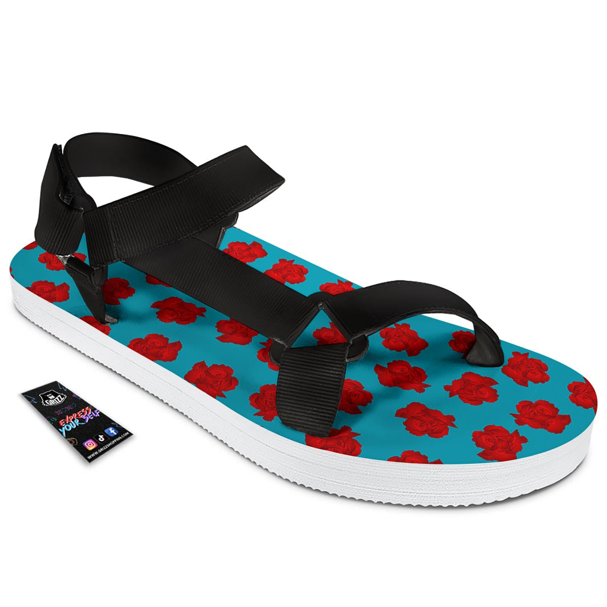 Carnation Blue And Red Print Pattern Black Open Toe Sandals-grizzshop