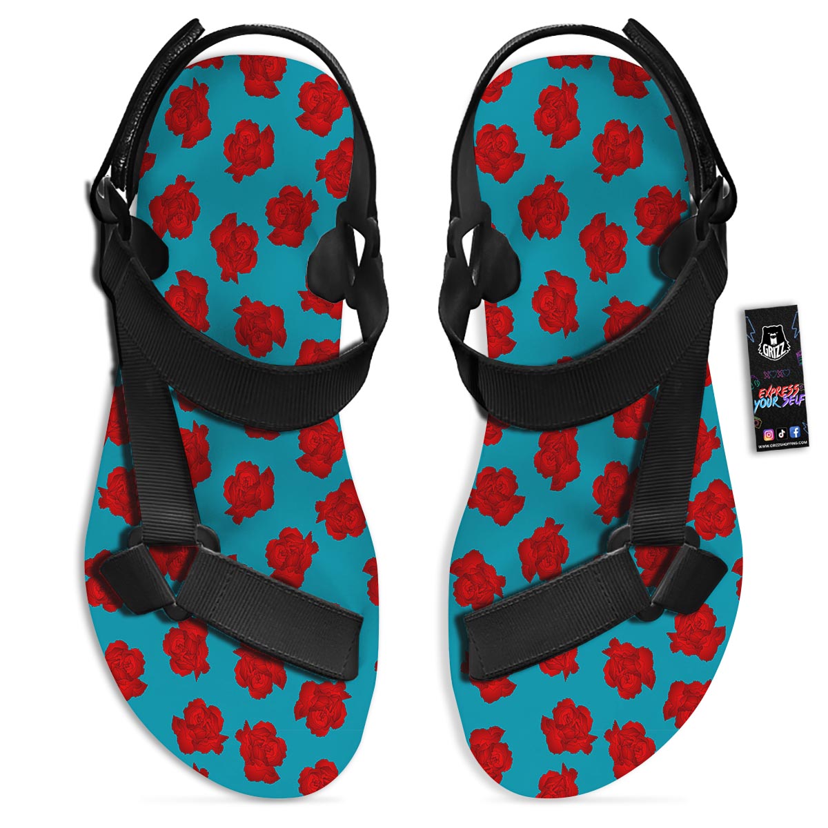 Carnation Blue And Red Print Pattern Black Open Toe Sandals-grizzshop