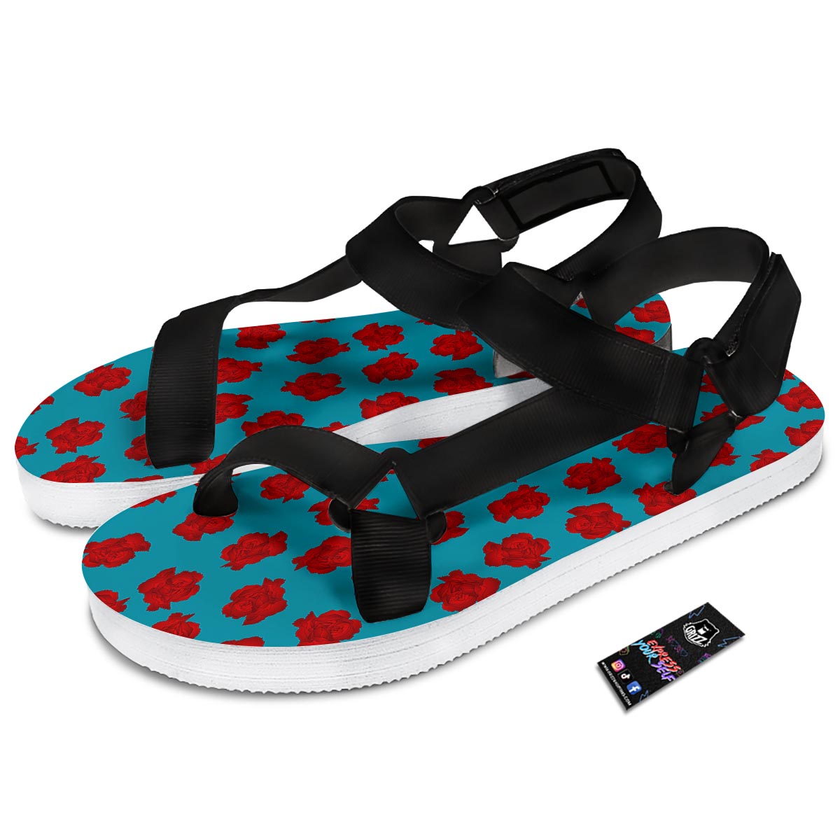 Carnation Blue And Red Print Pattern Black Open Toe Sandals-grizzshop