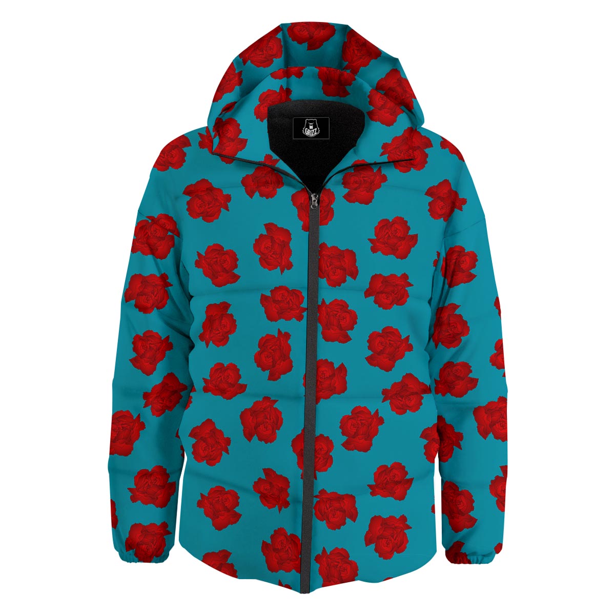 Carnation Blue And Red Print Pattern Down Jacket-grizzshop