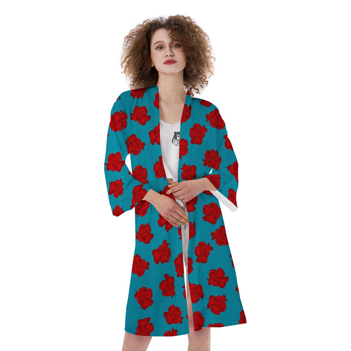 Carnation Blue And Red Print Pattern Kimono-grizzshop