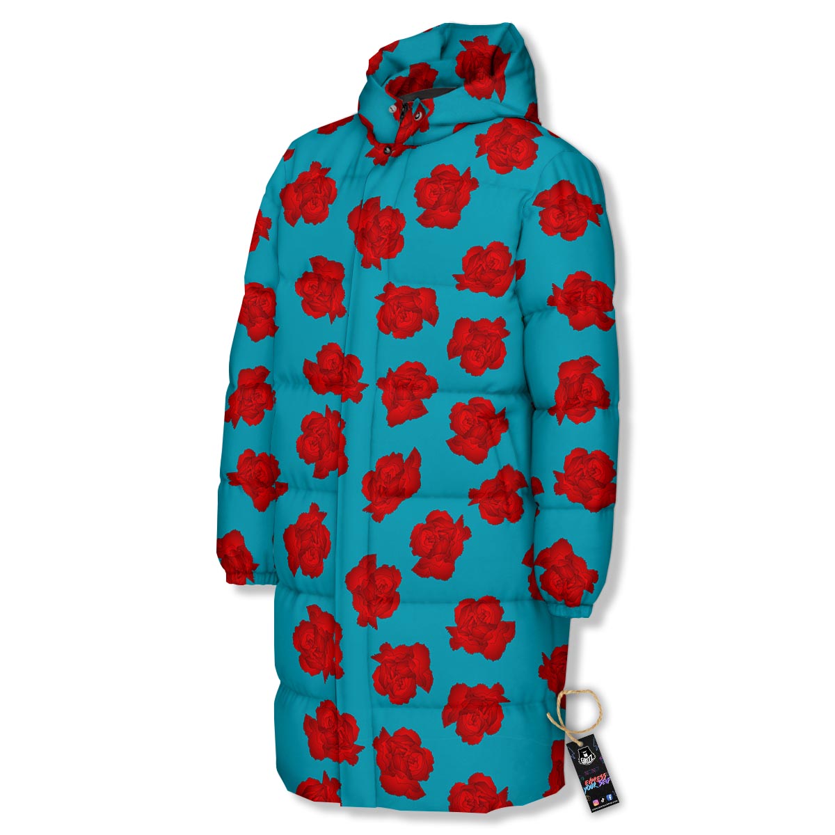 Carnation Blue And Red Print Pattern Long Down Jacket-grizzshop