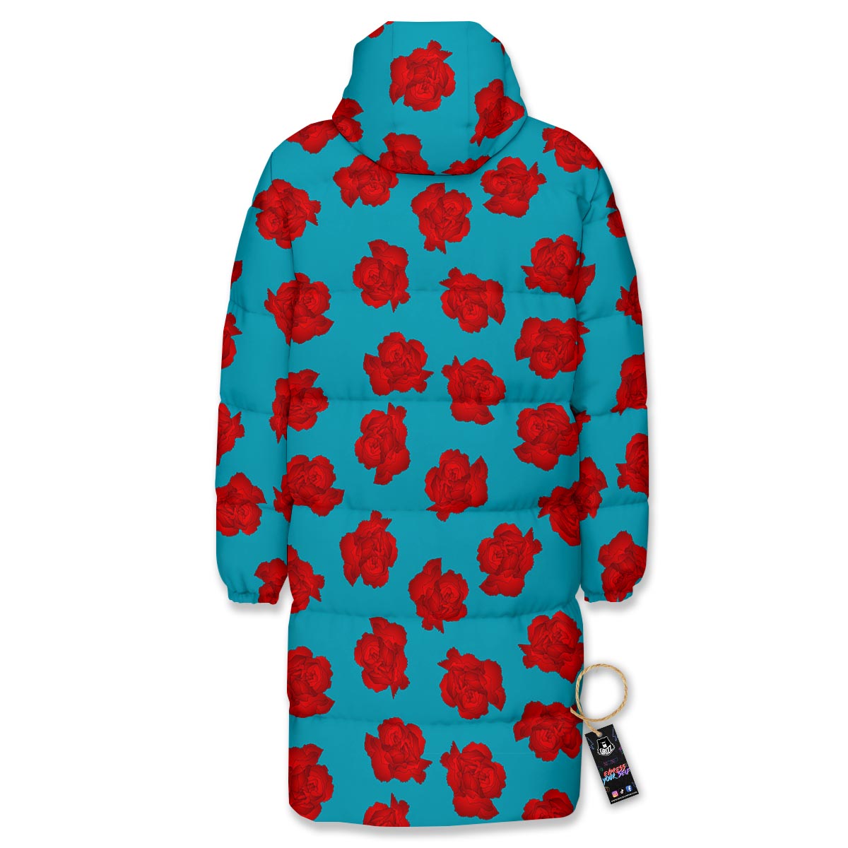 Carnation Blue And Red Print Pattern Long Down Jacket-grizzshop