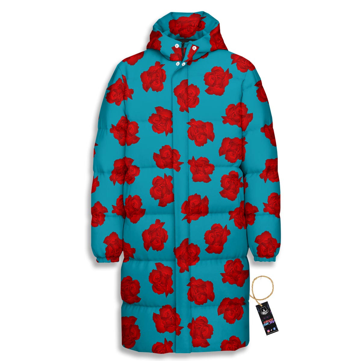Carnation Blue And Red Print Pattern Long Down Jacket-grizzshop