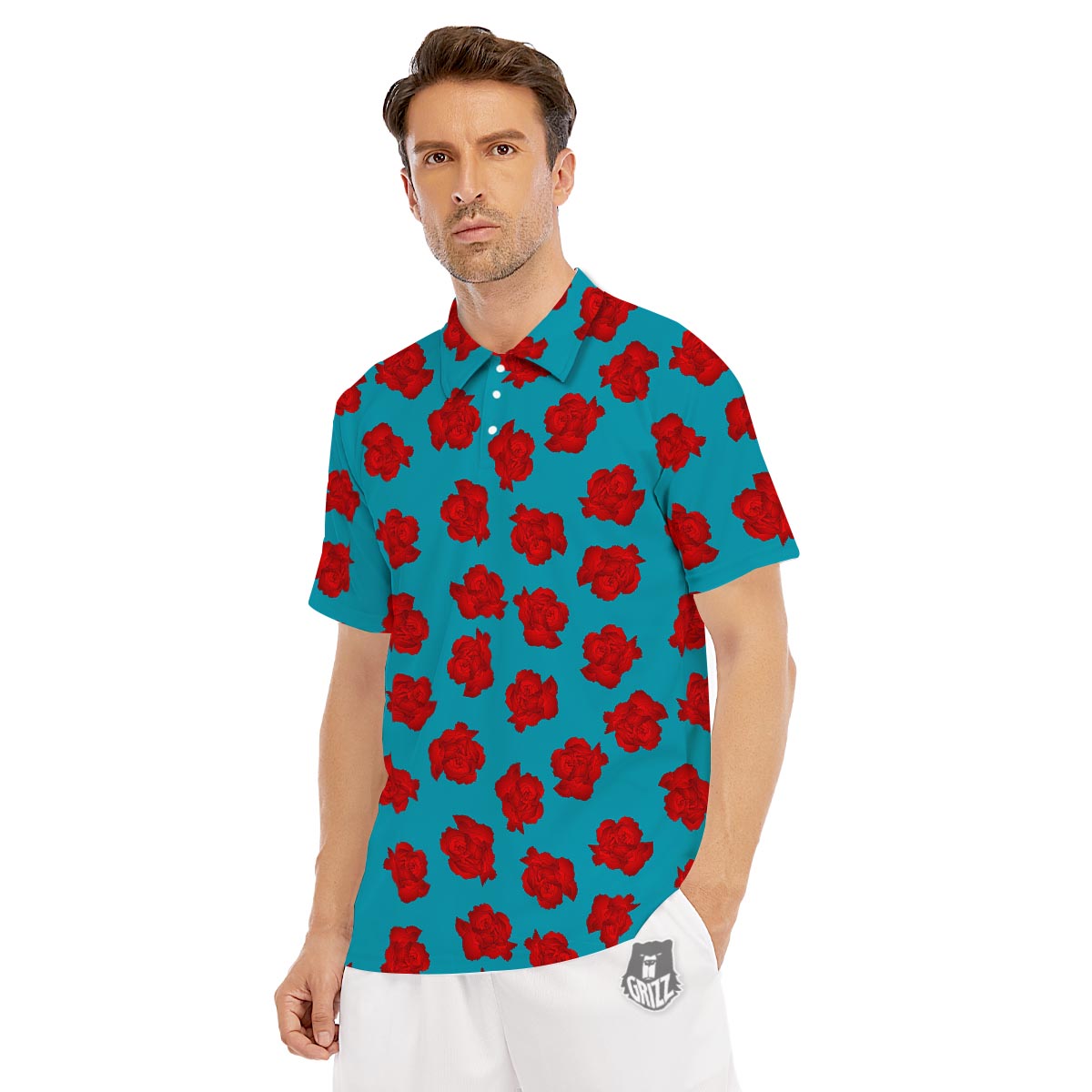 Carnation Blue And Red Print Pattern Men's Golf Shirts-grizzshop