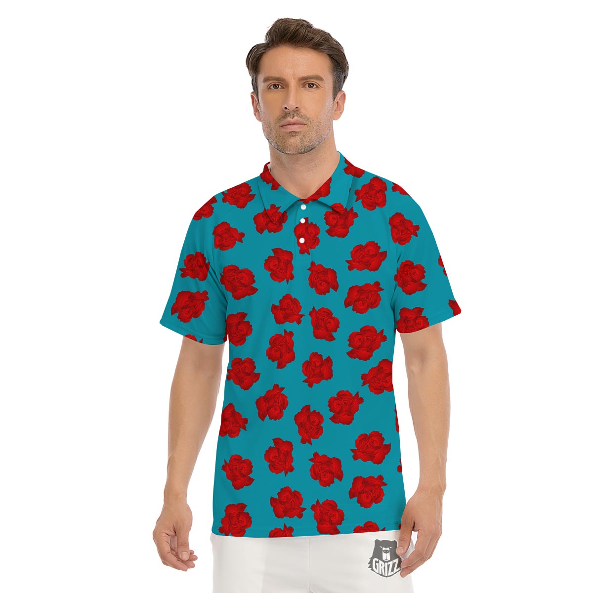 Carnation Blue And Red Print Pattern Men's Golf Shirts-grizzshop