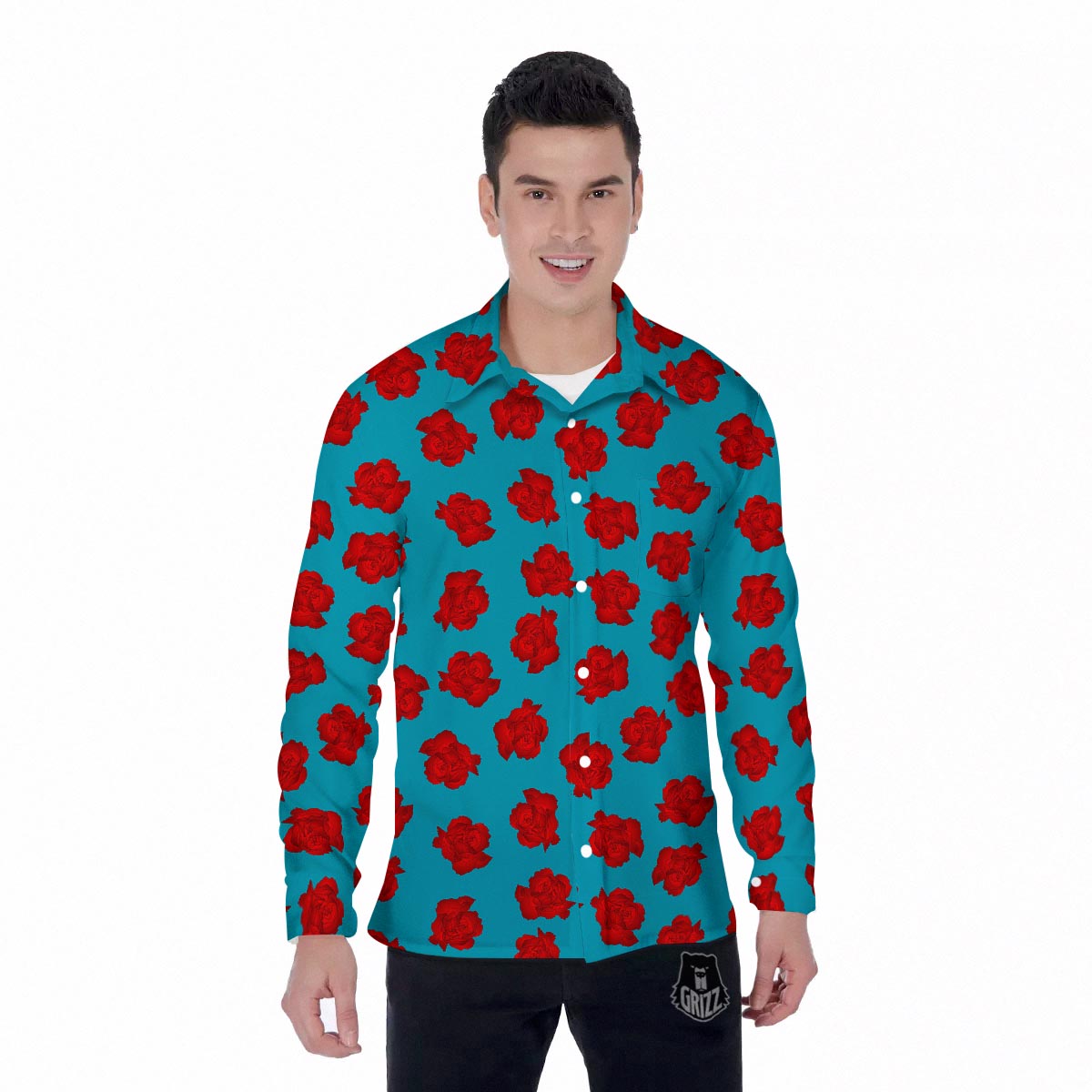 Carnation Blue And Red Print Pattern Men's Long Sleeve Shirts-grizzshop