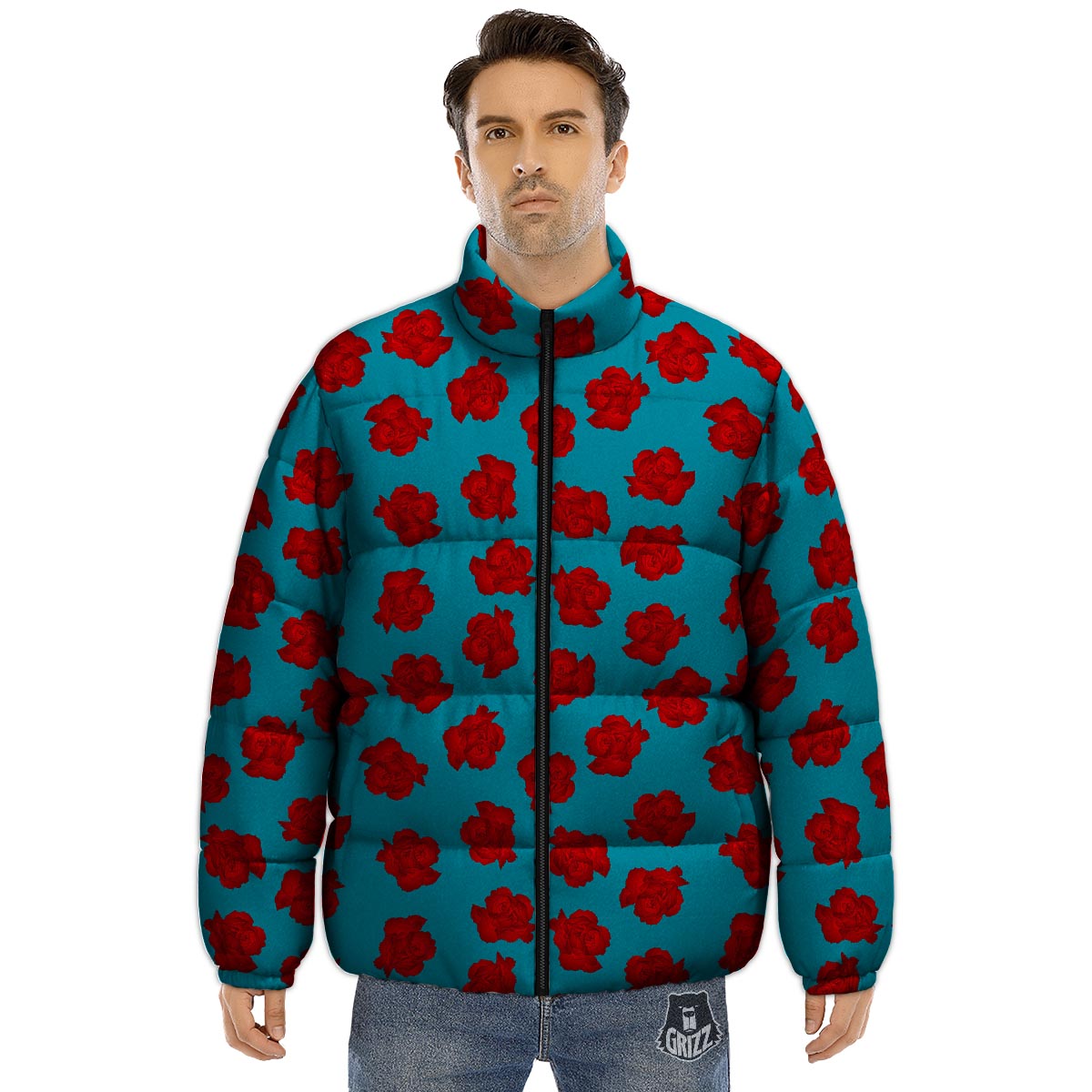 Carnation Blue And Red Print Pattern Puffer Jacket-grizzshop