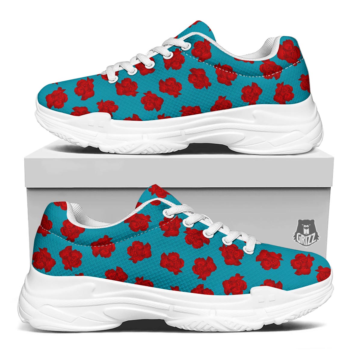 Carnation Blue And Red Print Pattern White Chunky Shoes-grizzshop
