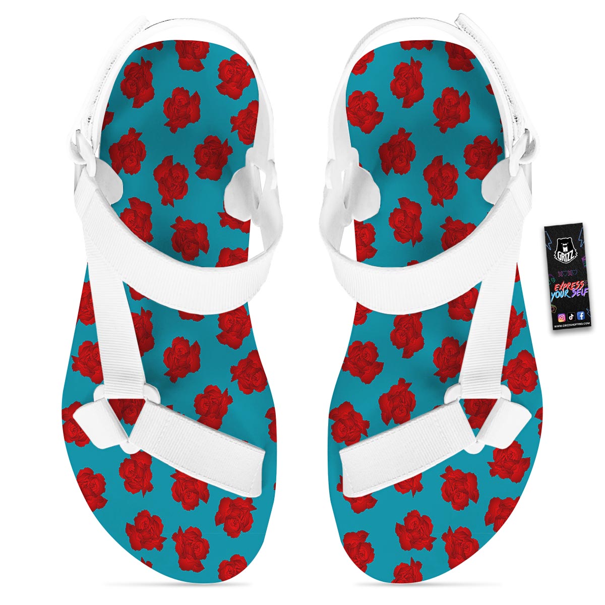 Carnation Blue And Red Print Pattern White Open Toe Sandals-grizzshop