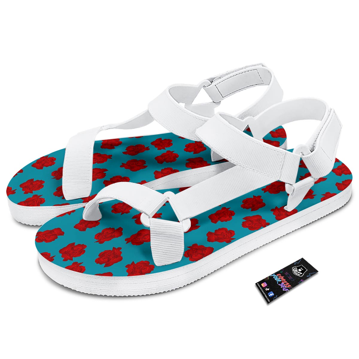 Carnation Blue And Red Print Pattern White Open Toe Sandals-grizzshop