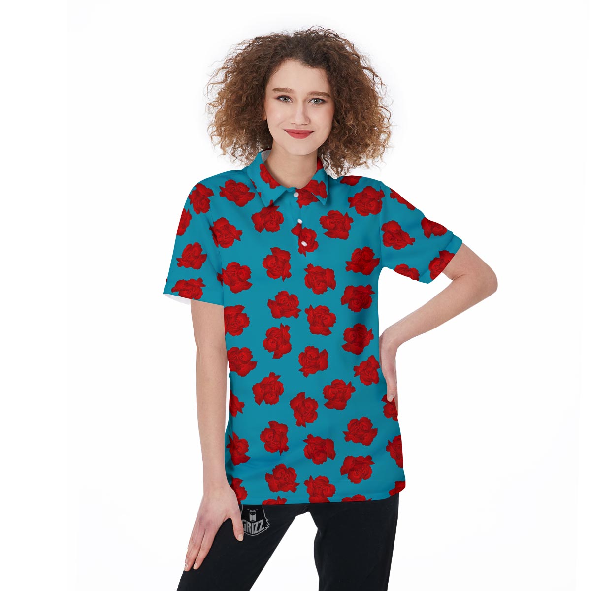 Carnation Blue And Red Print Pattern Women's Golf Shirts-grizzshop