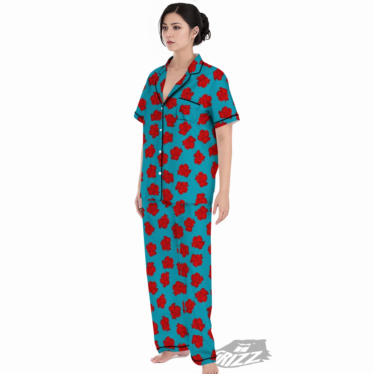 Carnation Blue And Red Print Pattern Women's Pajamas Set-grizzshop