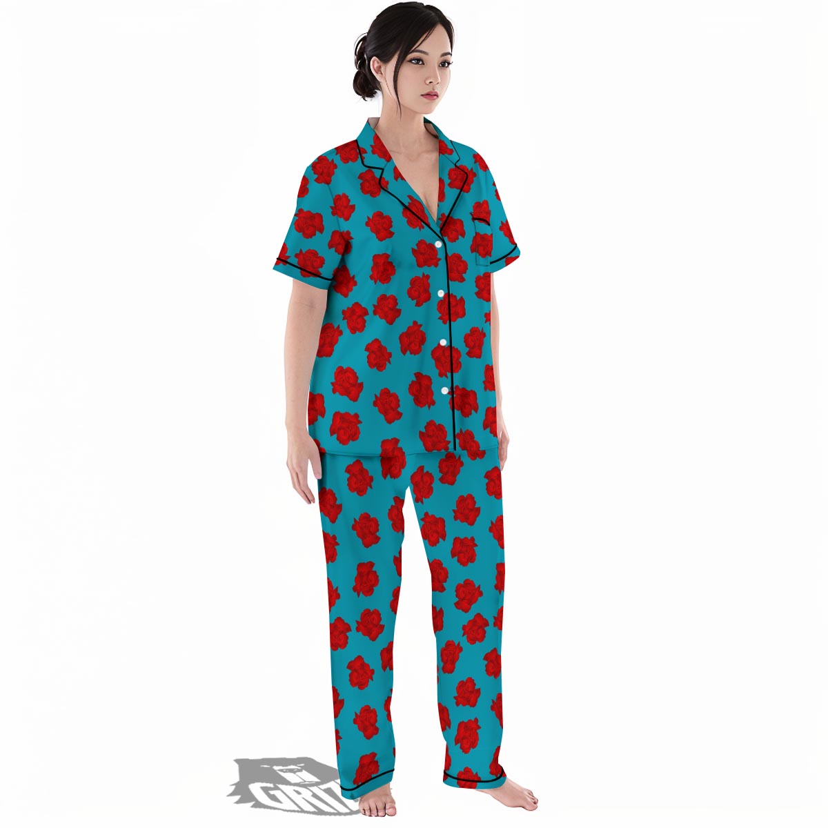 Carnation Blue And Red Print Pattern Women's Pajamas Set-grizzshop