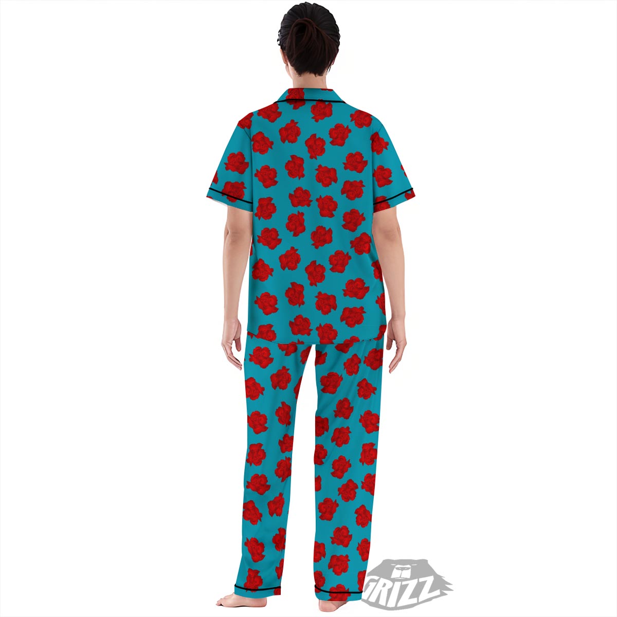 Carnation Blue And Red Print Pattern Women's Pajamas Set-grizzshop