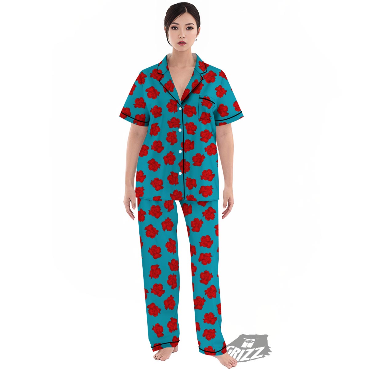 Carnation Blue And Red Print Pattern Women's Pajamas Set-grizzshop