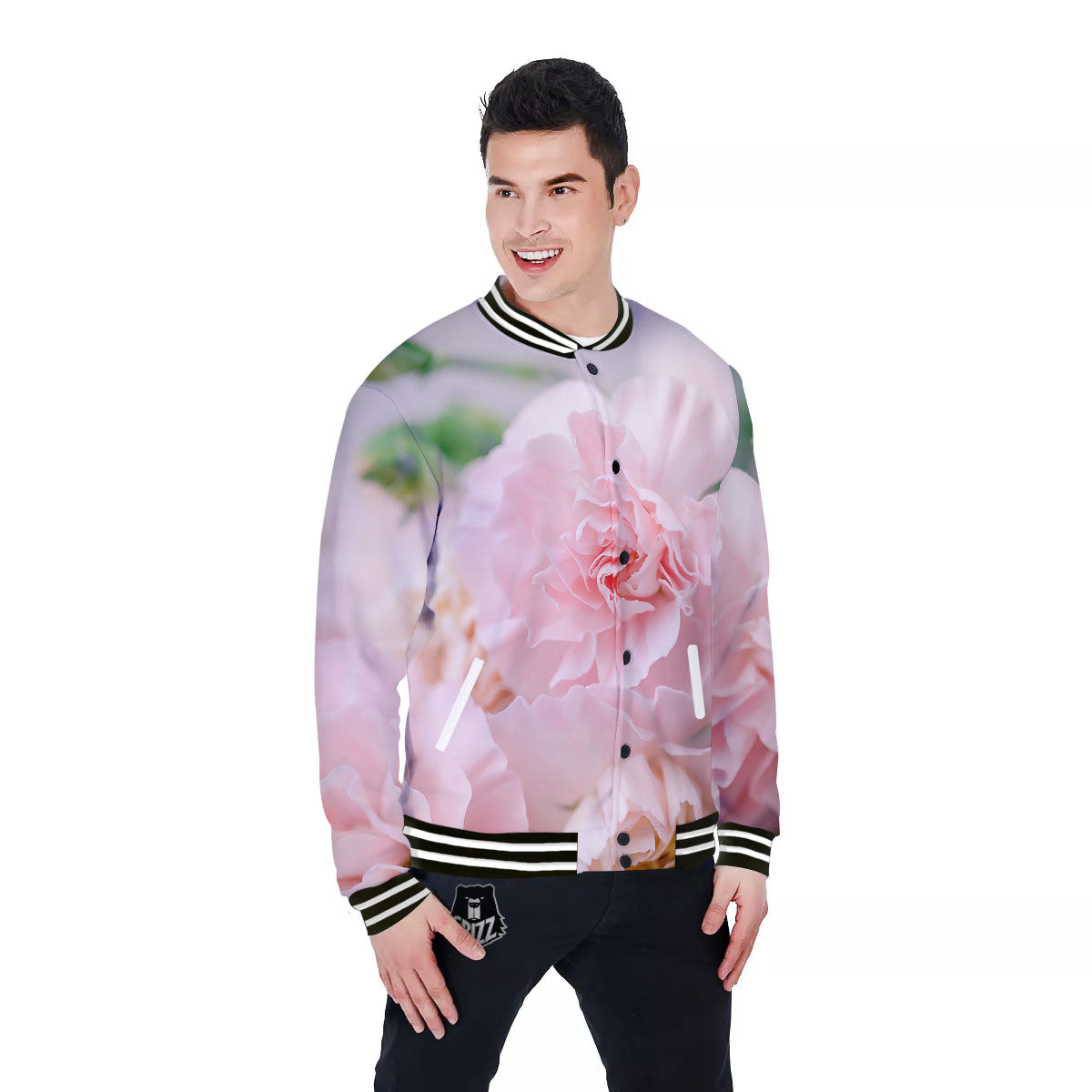 Carnation Flower Pink Print Baseball Jacket-grizzshop