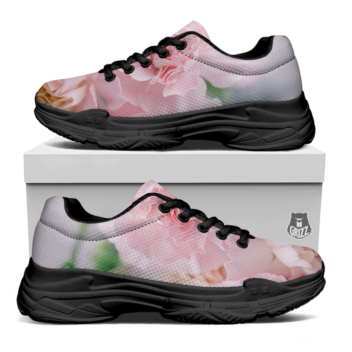 Carnation Flower Pink Print Black Chunky Shoes-grizzshop