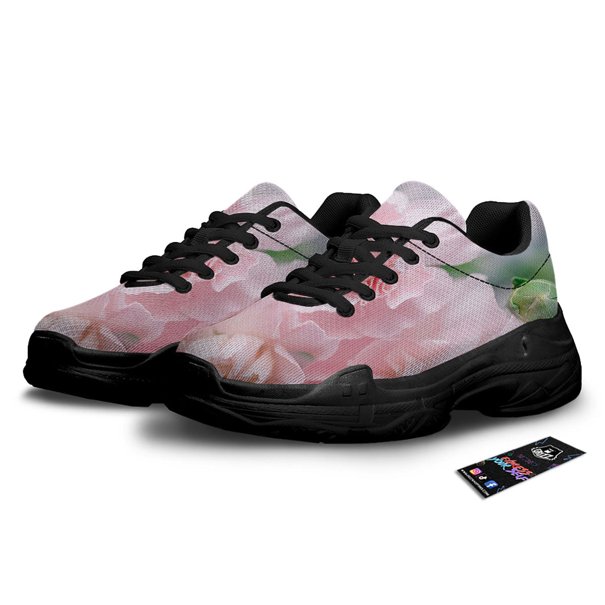 Carnation Flower Pink Print Black Chunky Shoes-grizzshop