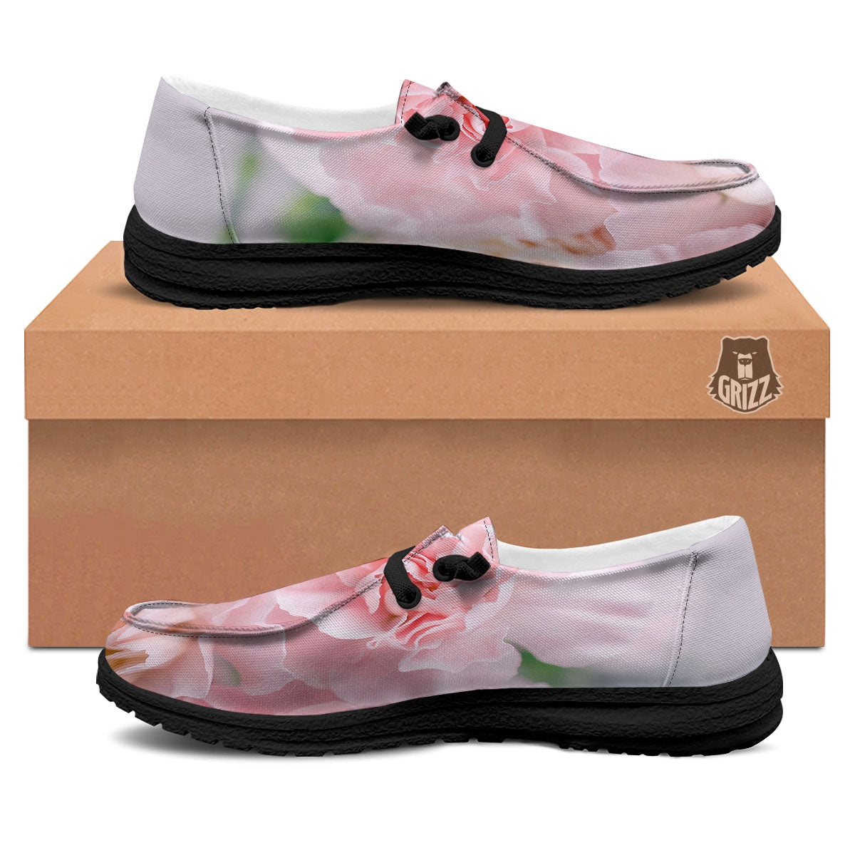 Carnation Flower Pink Print Black Loafers-grizzshop