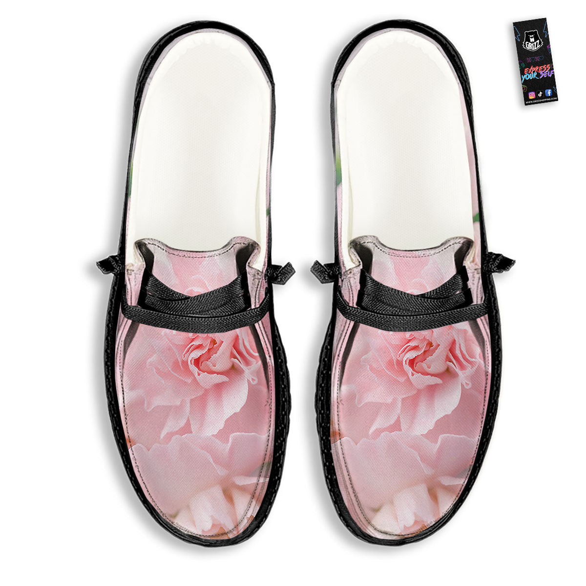 Carnation Flower Pink Print Black Loafers-grizzshop