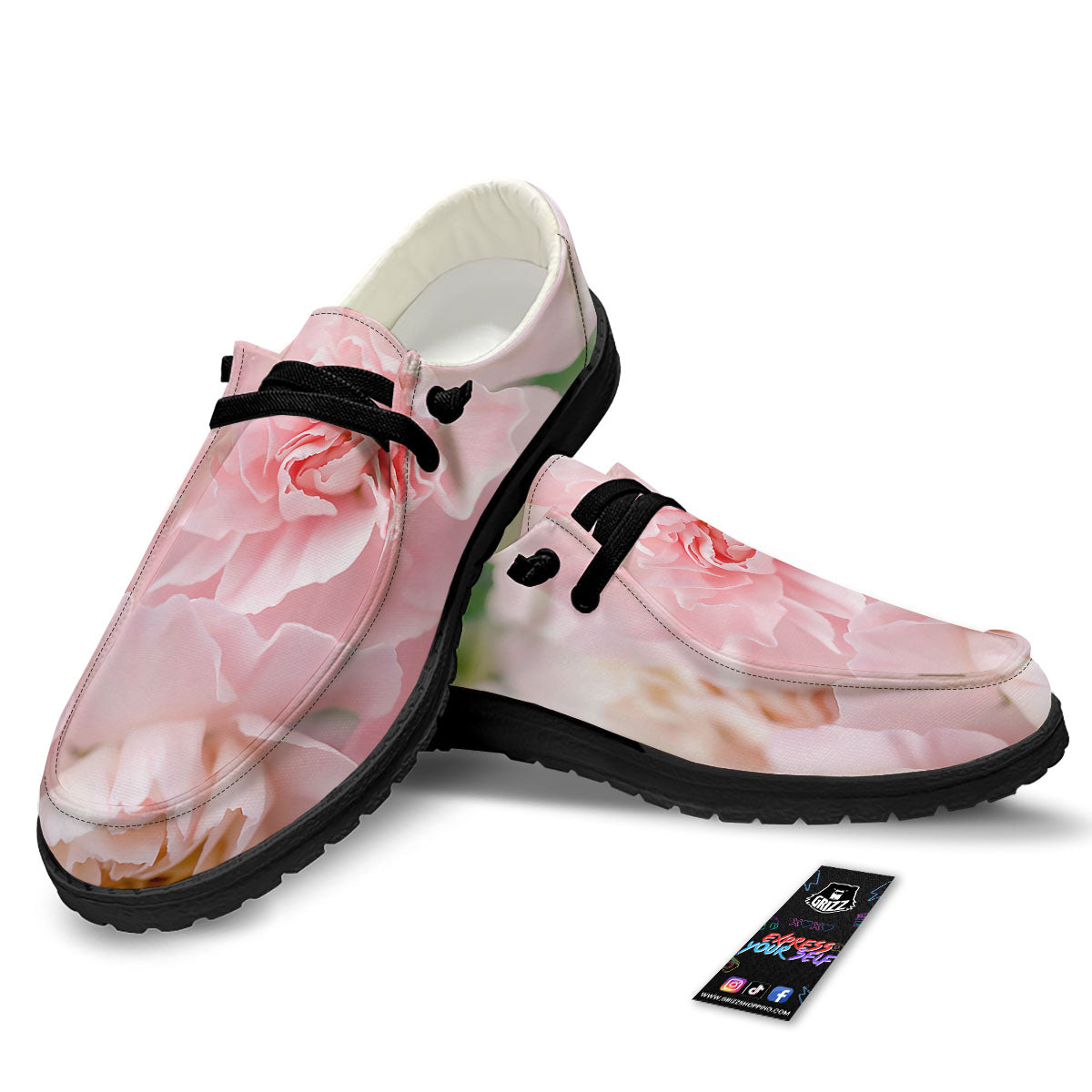 Carnation Flower Pink Print Black Loafers-grizzshop