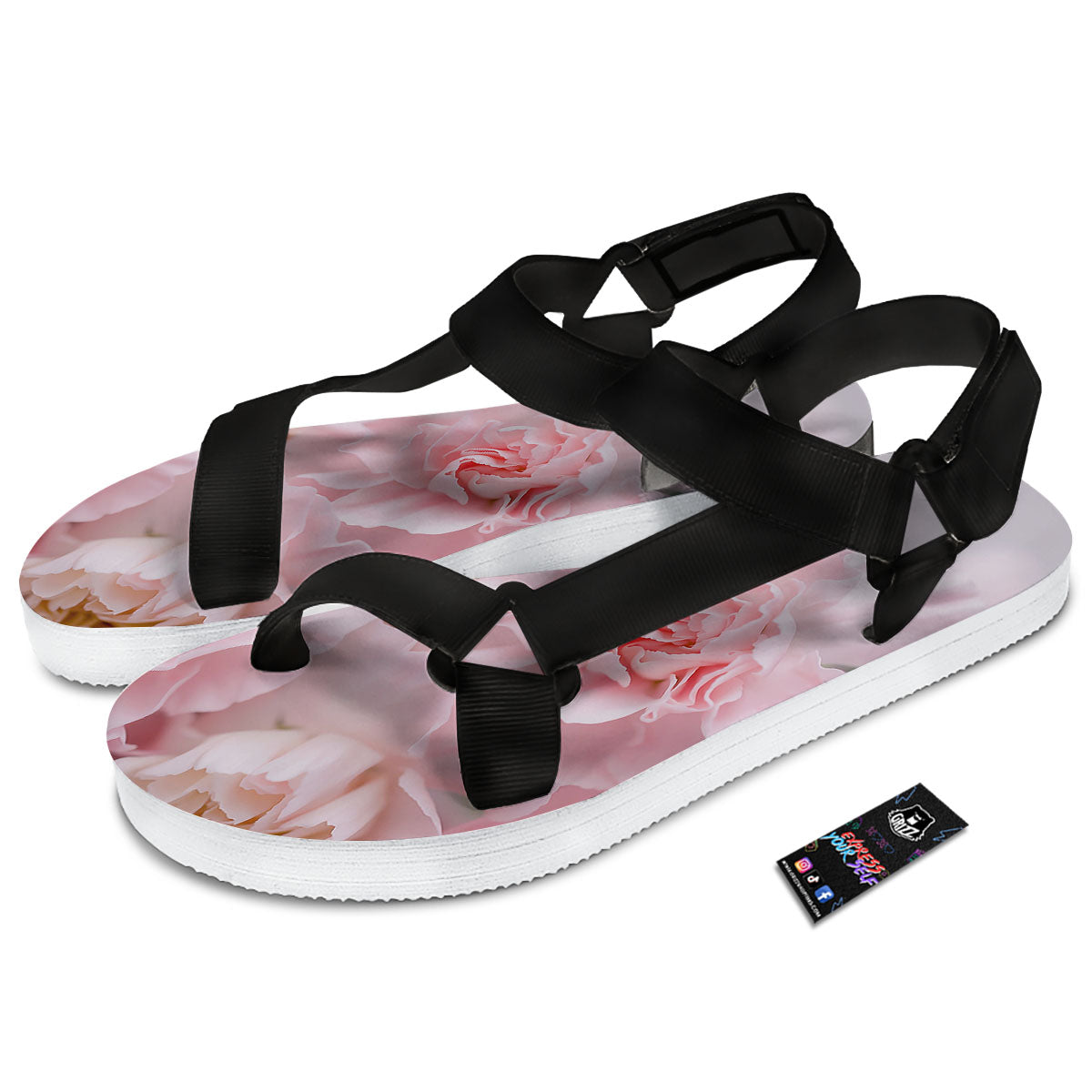 Carnation Flower Pink Print Black Open Toe Sandals-grizzshop