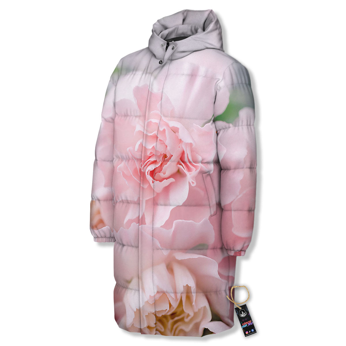 Carnation Flower Pink Print Long Down Jacket-grizzshop