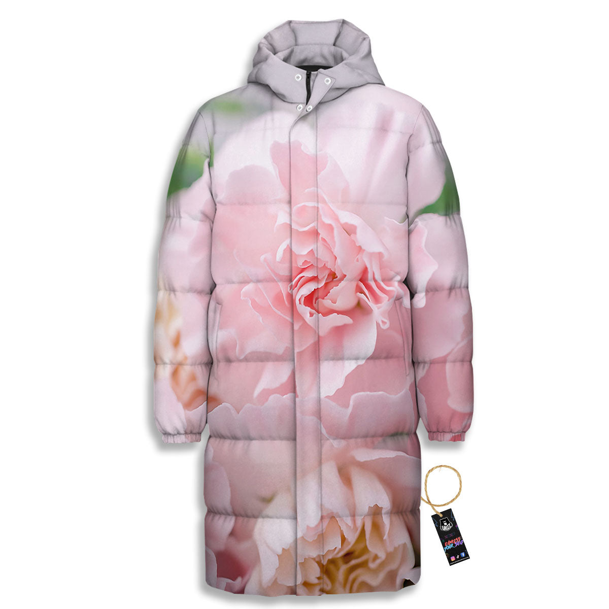 Carnation Flower Pink Print Long Down Jacket-grizzshop