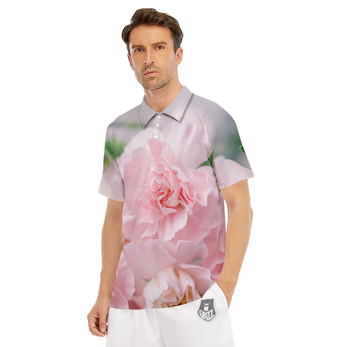 Carnation Flower Pink Print Men's Golf Shirts-grizzshop