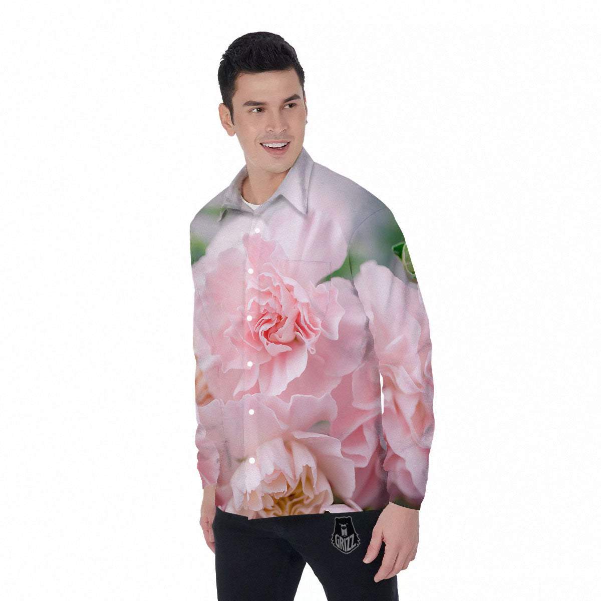 Carnation Flower Pink Print Men's Long Sleeve Shirts-grizzshop