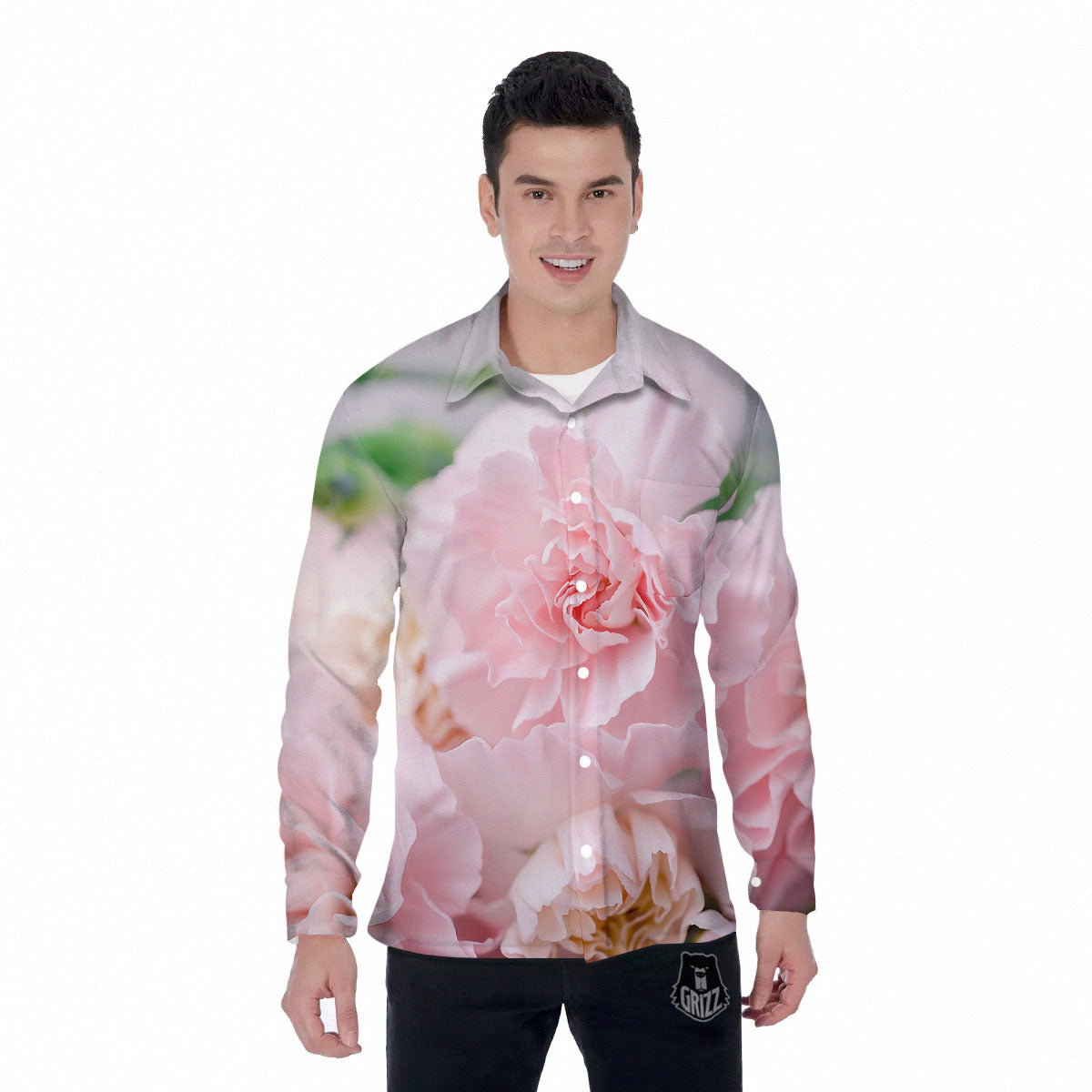 Carnation Flower Pink Print Men's Long Sleeve Shirts-grizzshop