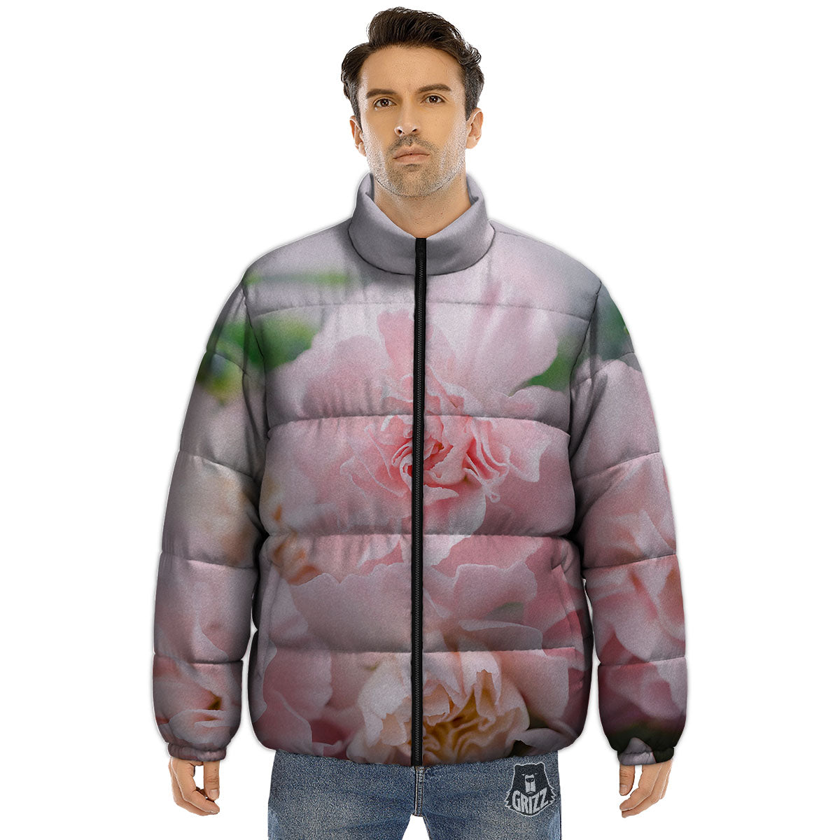 Carnation Flower Pink Print Puffer Jacket-grizzshop