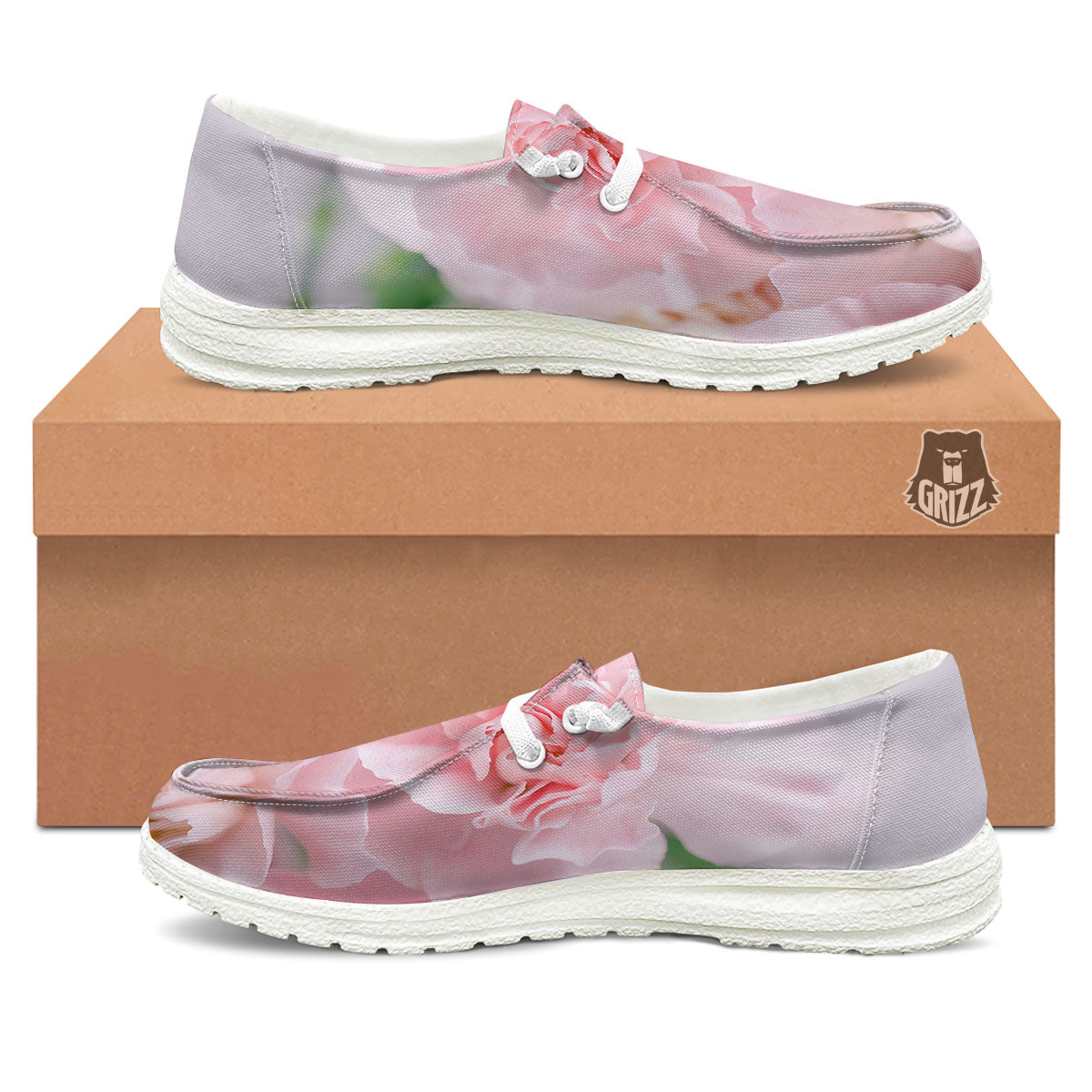 Carnation Flower Pink Print White Loafers-grizzshop