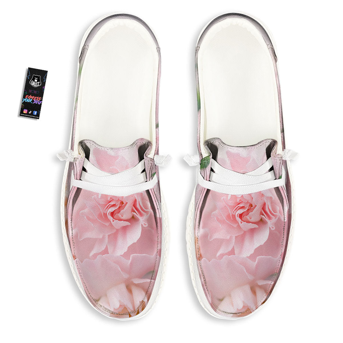 Carnation Flower Pink Print White Loafers-grizzshop