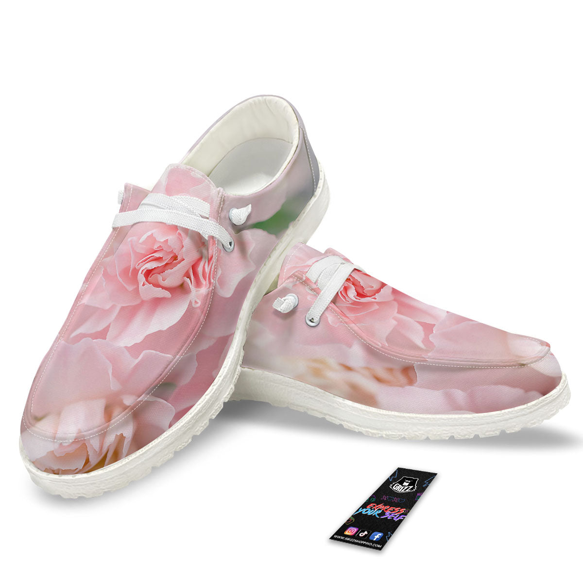 Carnation Flower Pink Print White Loafers-grizzshop