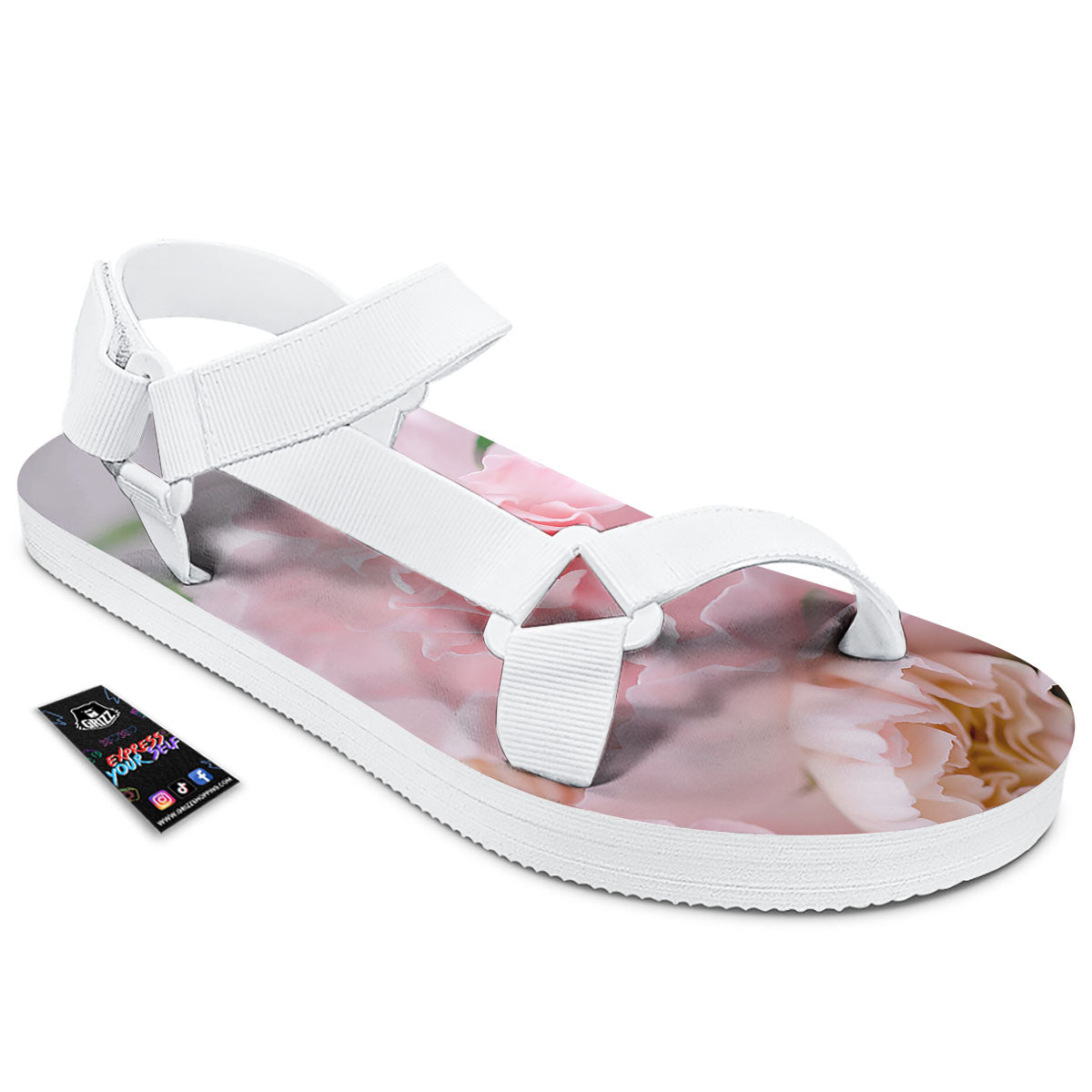 Carnation Flower Pink Print White Open Toe Sandals-grizzshop