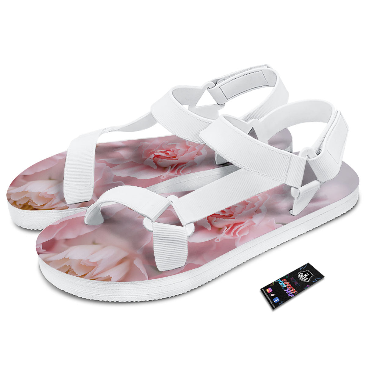 Carnation Flower Pink Print White Open Toe Sandals-grizzshop