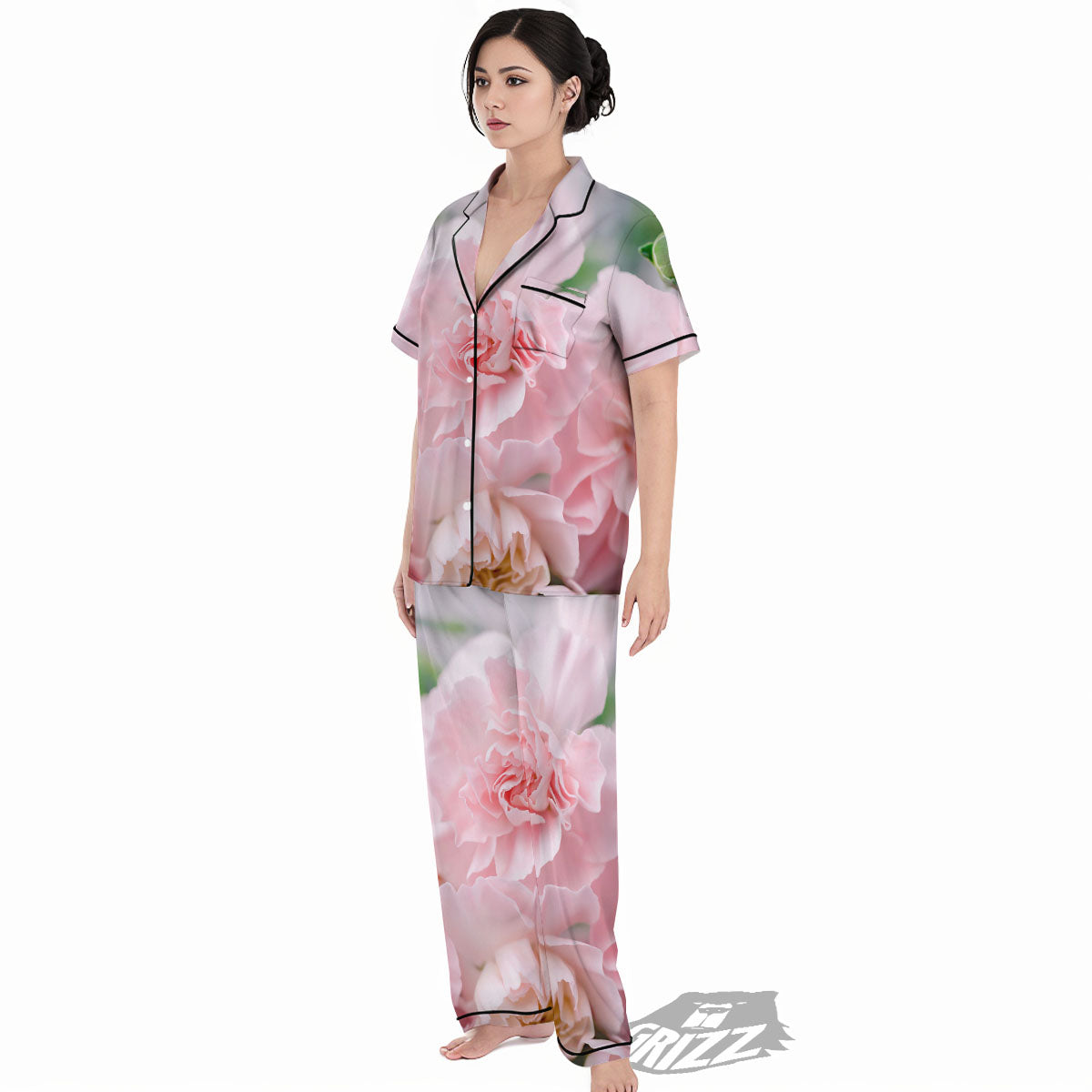 Carnation Flower Pink Print Women's Pajamas Set-grizzshop