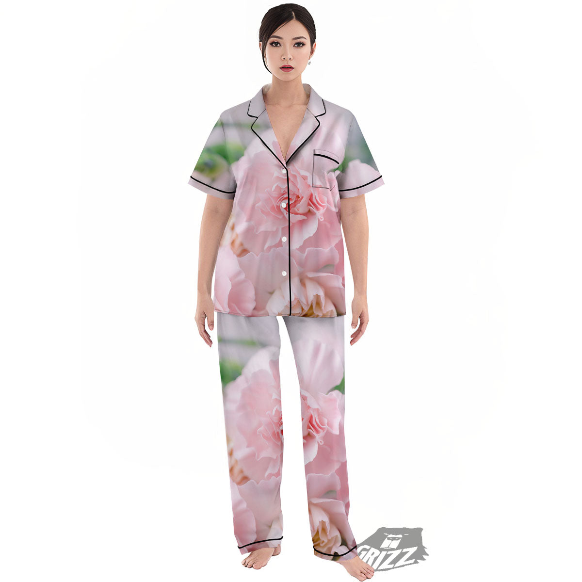 Carnation Flower Pink Print Women's Pajamas Set-grizzshop