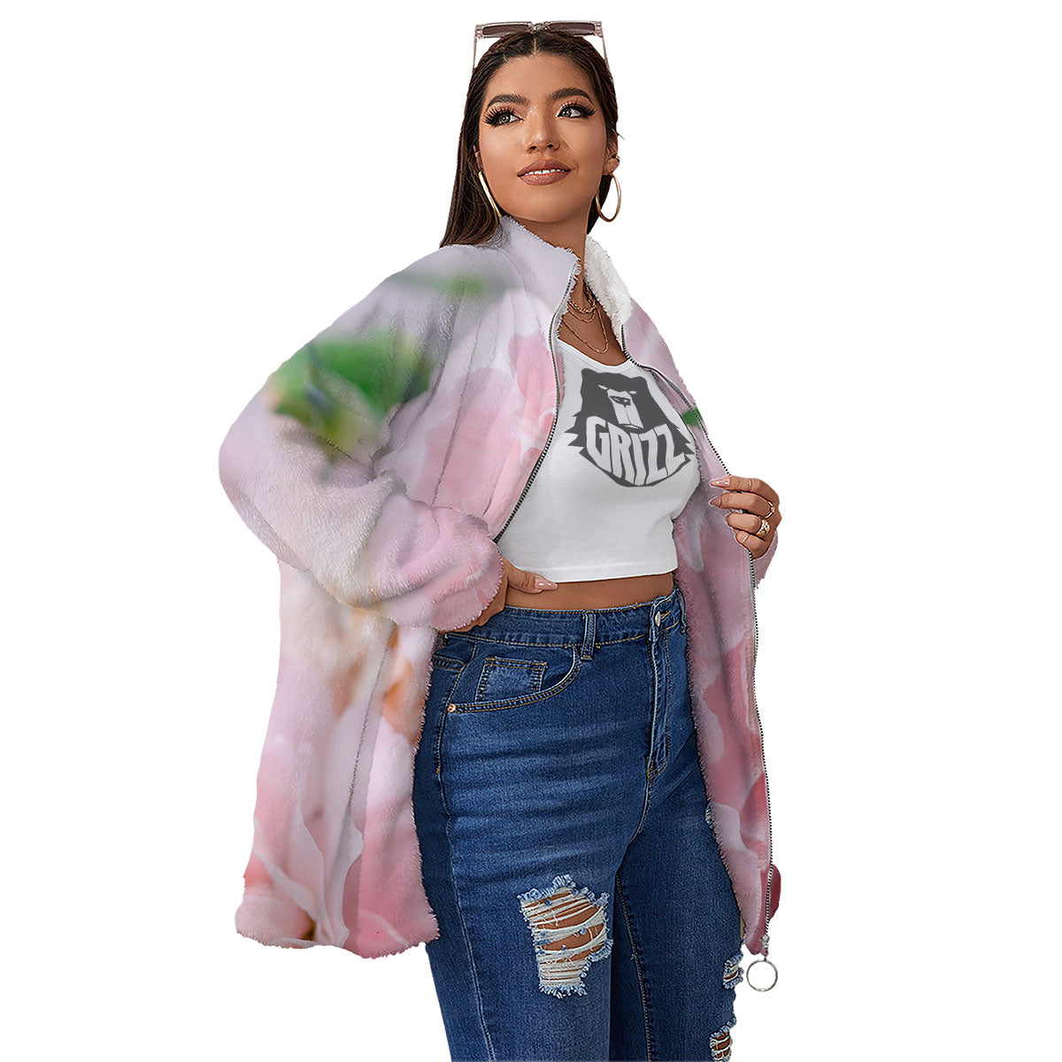 Carnation Flower Pink Print Women's Sherpa Jacket-grizzshop