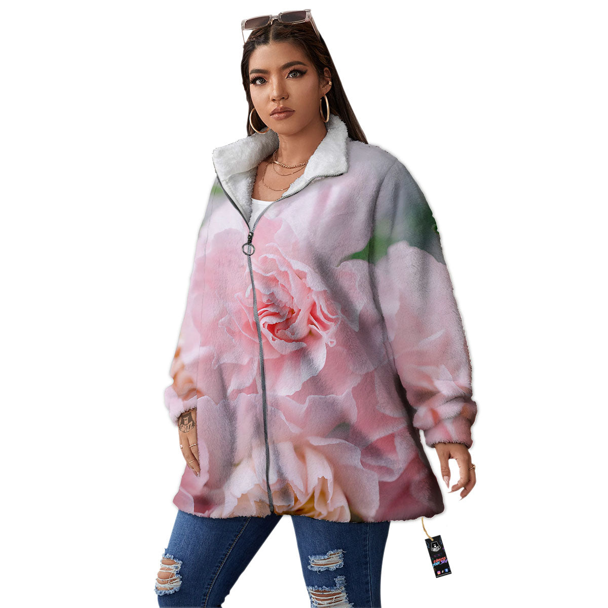 Carnation Flower Pink Print Women's Sherpa Jacket-grizzshop