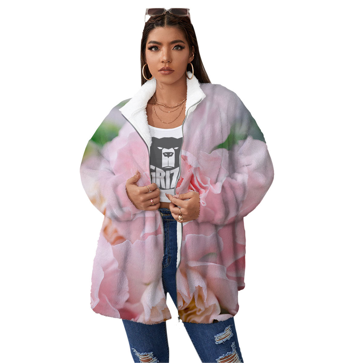 Carnation Flower Pink Print Women's Sherpa Jacket-grizzshop