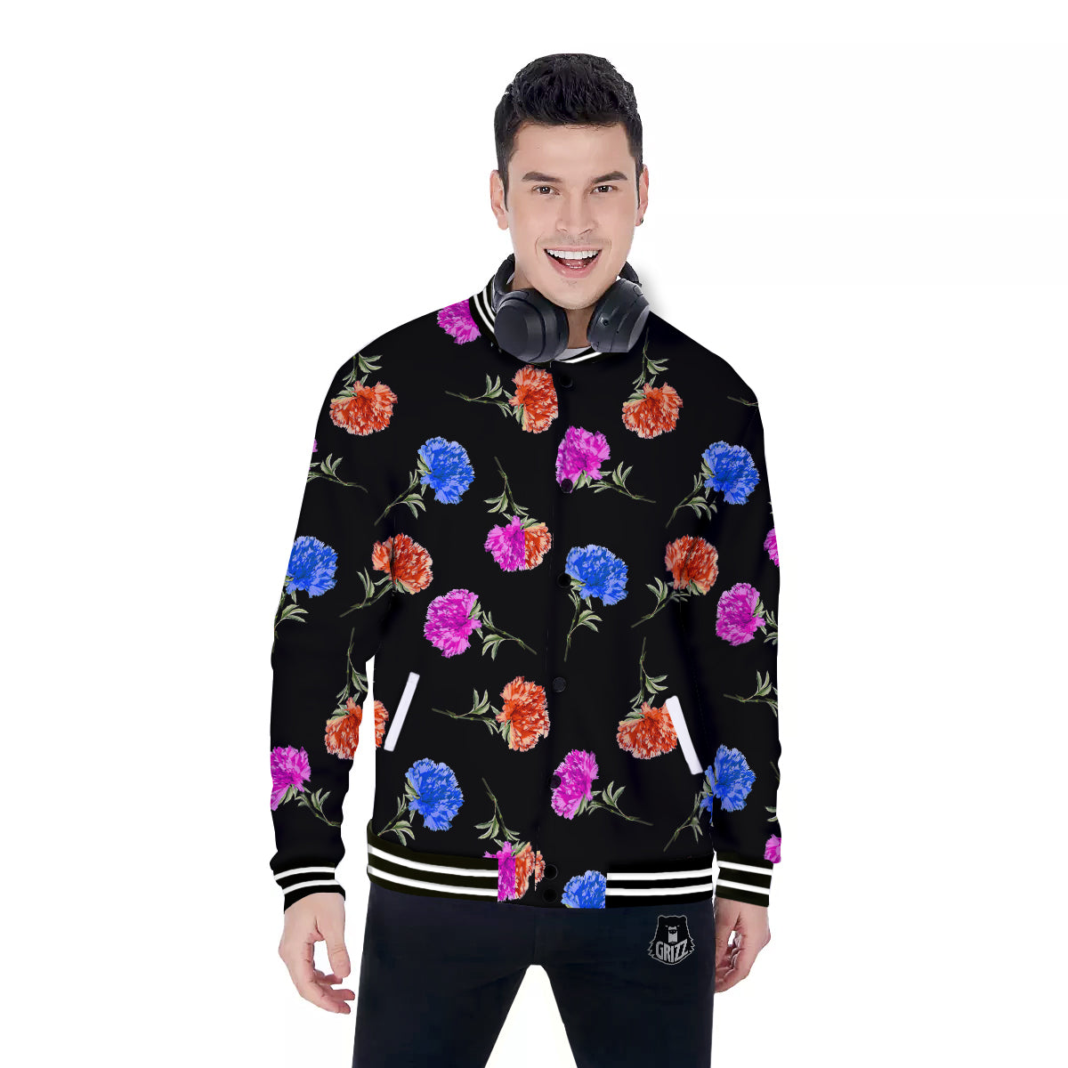 Carnation Watercolor Print Pattern Baseball Jacket-grizzshop