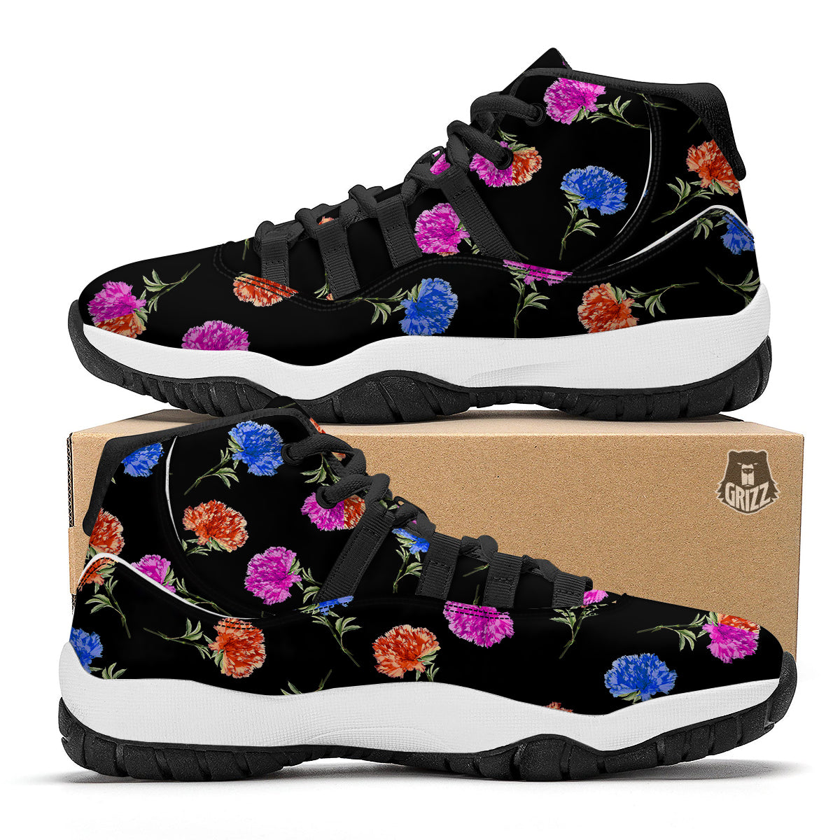 Carnation Watercolor Print Pattern Black Bball Shoes-grizzshop