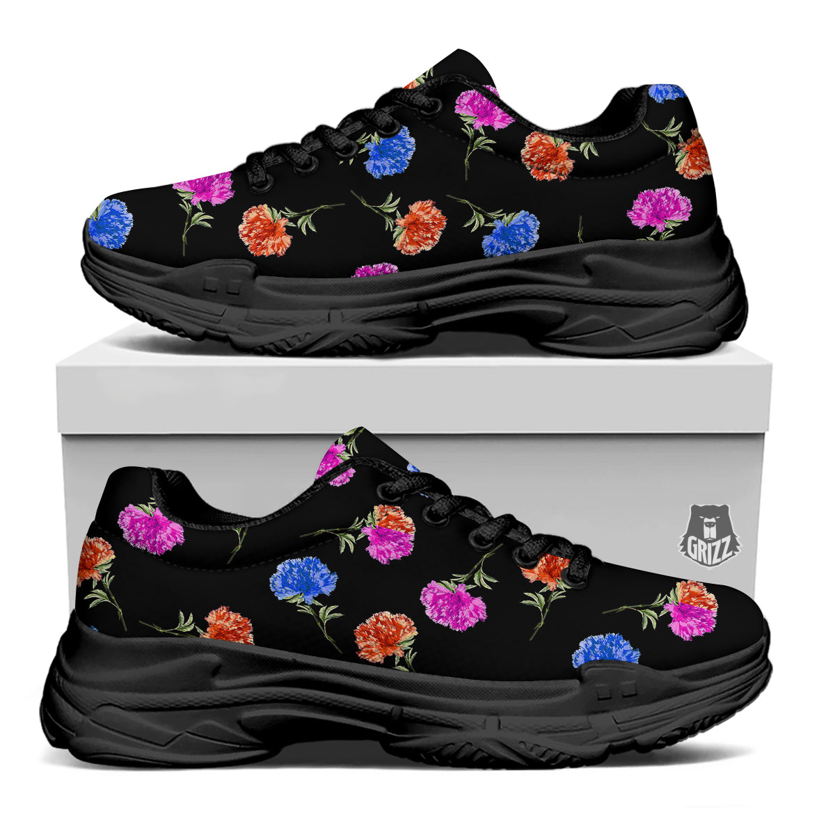 Carnation Watercolor Print Pattern Black Chunky Shoes-grizzshop