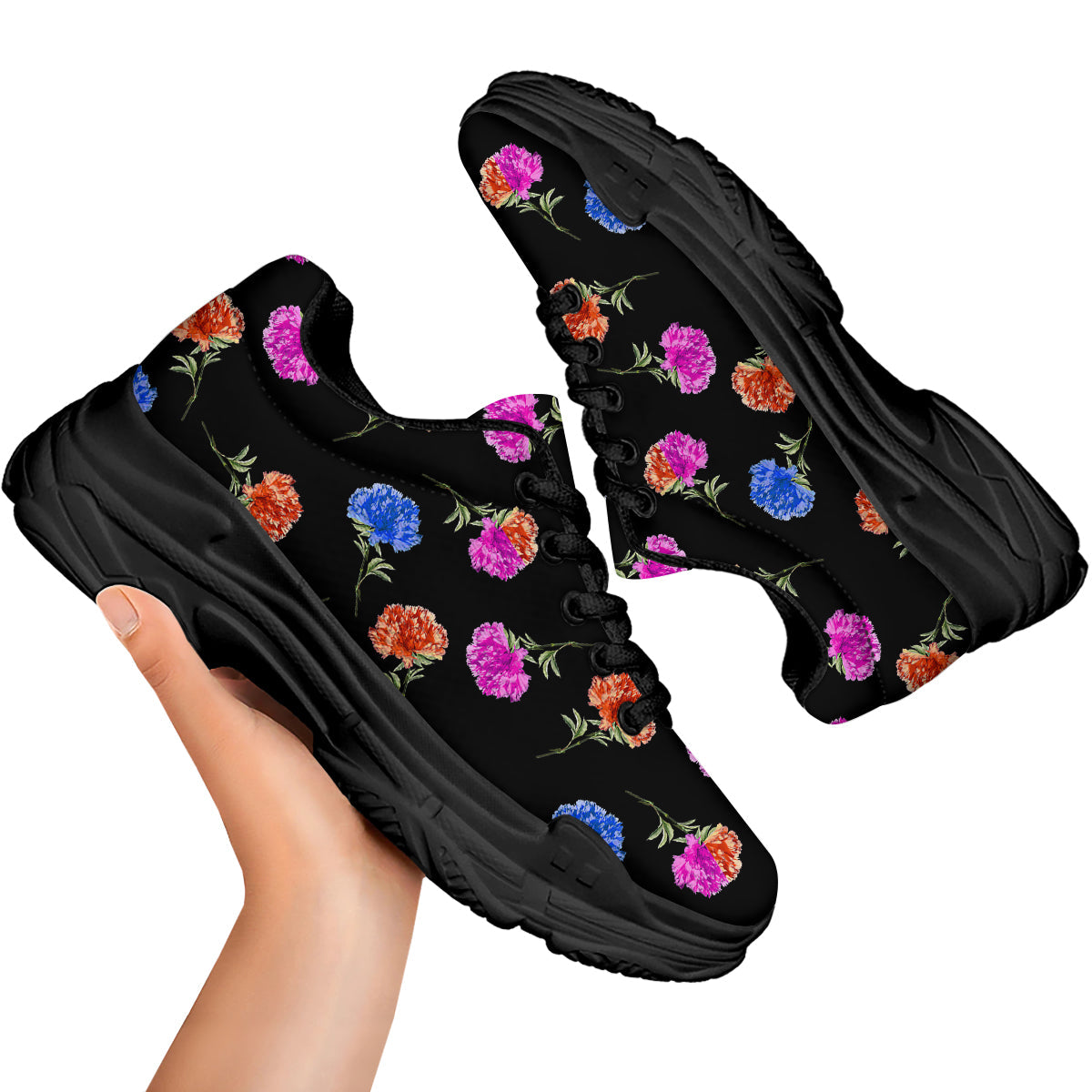Carnation Watercolor Print Pattern Black Chunky Shoes-grizzshop