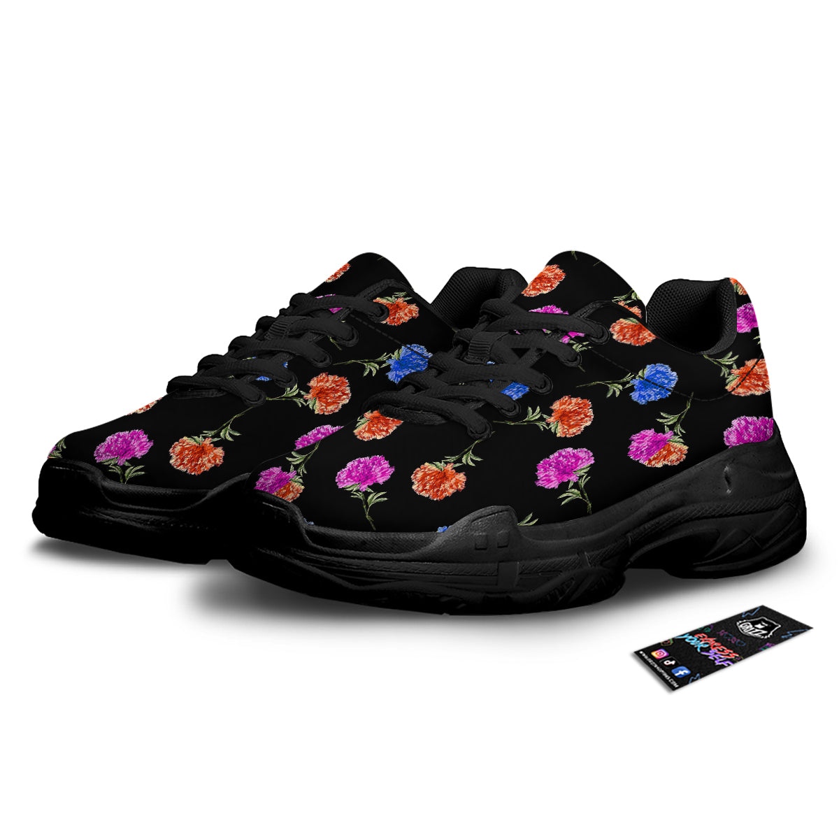 Carnation Watercolor Print Pattern Black Chunky Shoes-grizzshop